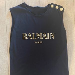 Balmain Logo Sleeveless T-shirt Black with Gold Lettering. Size 38
